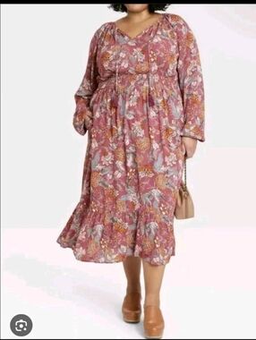 Knox Rose Womens Floral Long Dusty Rose Sleeve Bohemian Midi Dress Size Large